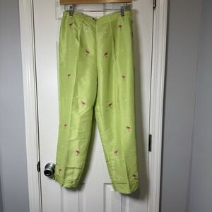 SILKLAND Womens 100% Silk Floral Flamingo Green Lined Side Zip Pants Size 6 0372